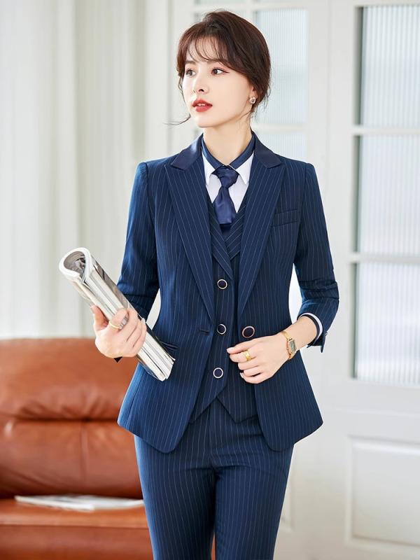 スーツ レディース セットアップ テーラードジャケット ストライプ柄 スカート パンツ ベスト シャツ ビジネス オフィス 通勤 高級感 きれいめ スリム 形態安定 長袖 ポリエステル レーヨン ブラック ネイビー 秋冬