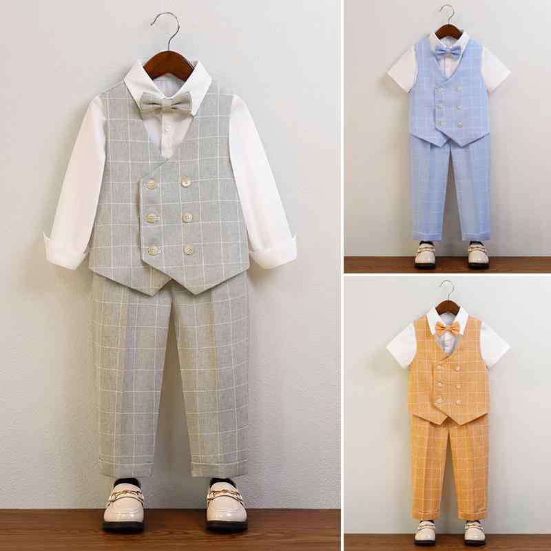 ・対象: ボーイズ・スタイル: ブリティッシュ・タイプ: パンツスーツ（セットアップ）・セット内容: シャツ、ベスト、ロングパンツ、ボウタイ、サスペンダー・袖丈: 長袖、半袖・パンツ丈: ロング丈・加工: 酵素洗い・生地の厚さ: 普通・柄: チェック・素材: ポリエステル 80%、化学繊維混紡・基準: B類・留め具: ダブルブレスト・カラー: カーキ、グレー、オレンジ、ブルー、ピンク・サイズ展開: 80、90、100、110、120、130、140、150