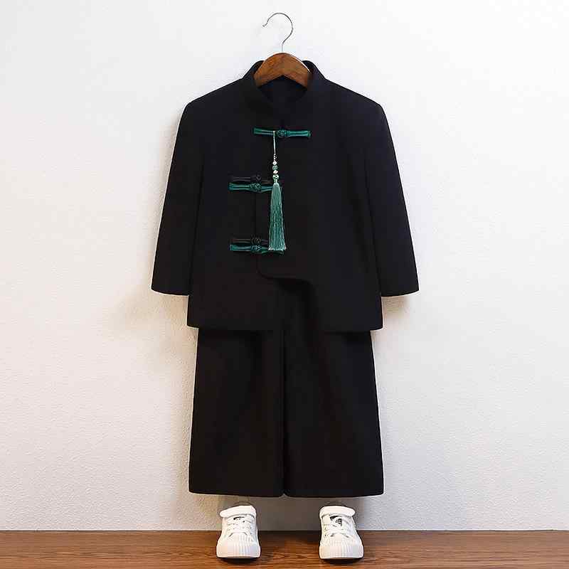 セットアップ 男の子 キッズ 子供服 中華風 漢服 唐装 中山服 マオカラー チャイナボタン レトロ アンティーク調 上下セット ジャケット 長ズボン ロングパンツ 発表会 演奏会 ステージ衣装 春秋 ポリエステル ブラック ホワイト グレー