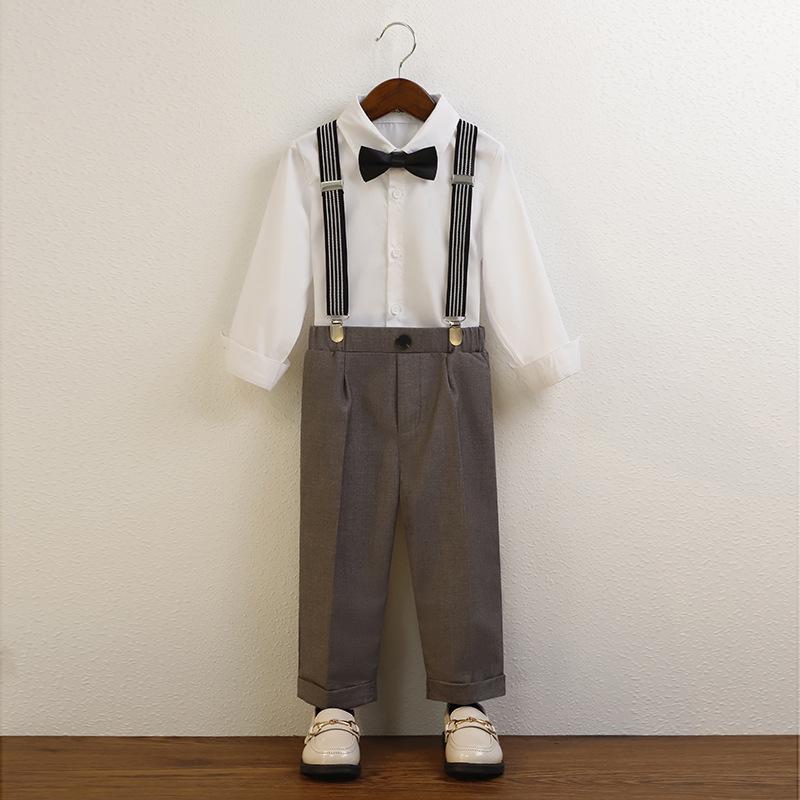 Top & Bottom Sets - セットアップ 男の子 キッズ 子供 サロペット サスペンダーパンツ 上下セット フォーマル ウェア 英国風 長袖 シャツ ロングパンツ ズボン ピアノ発表会 結婚式 冠婚葬祭 春夏 かわいい 無地 シンプル ポリエステル ブラック ネイビー グレー