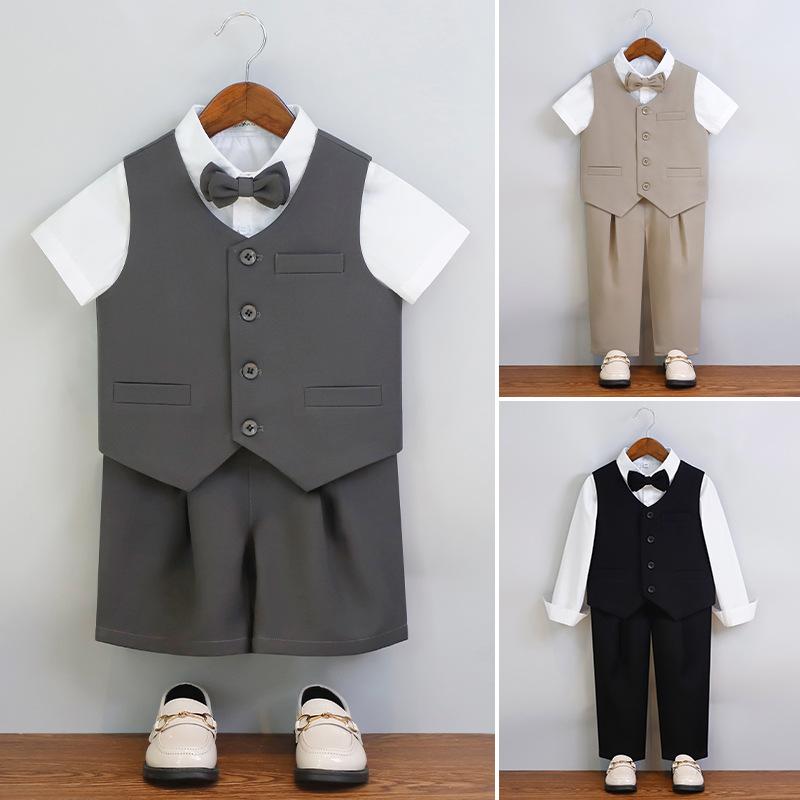 ・カテゴリ: セットアップ・スタイル: 韓国・対象: 男の子・対象年齢: 3-8歳（100-140cm）・素材: ポリエステル 80%、化繊混紡・裏地: ポリエステル 80%・柄: 無地・ネックライン: Vネック・袖丈: 半袖・前開き仕様: シングルブレスト・着丈: ショート丈・加工: 酵素洗い・カラー展開: ブラック、ピンク、カーキ、グレー・サイズ展開: 90、100、110、120、130、140、150、160