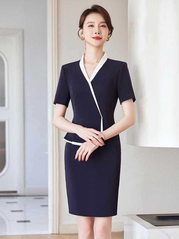 ワンピース レディース 春夏 半袖 膝丈 ミモレ丈 Aライン Vネック ウエストマーク 切り替え 重ね着風 フェイクレイヤード 事務服 エステ 通勤 きれいめ 上品 エレガント 高級感 清楚 涼しい ポリエステル ネイビー 紺