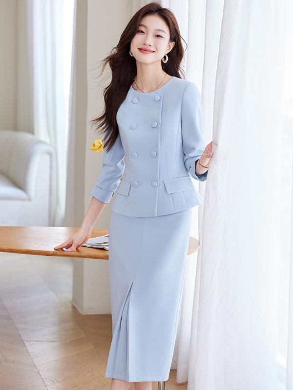 セットアップ レディース テーラードジャケット タイトスカート 上下セット スリム タイト 膝丈 ミディ丈 秋冬 長袖 スーツ 事務服 制服 フォーマル 通勤 オフィス ビジネス きれいめ 上品 高級感 ポリエステル ライトブルー アプリコット ダークブ