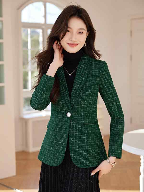 テーラードジャケット レディース アウター 長袖 チェック柄 格子柄 春夏 通勤 オフィス 普段使い きれいめ 高級感 エレガント レッド グリーン ブルー シングルボタン 襟 切り替え 事務服 ポリエステル 羽織り 上着 トップス