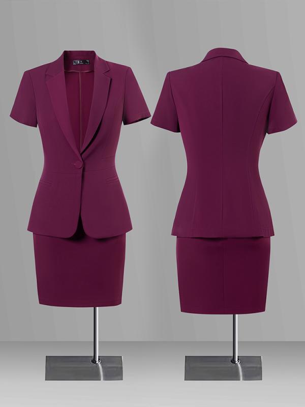 セットアップ レディース スーツ ジャケット スカート 春夏 半袖 パフスリーブ シングルボタン オフィス 通勤 司会 フォーマル エレガント きれいめ ストレッチ 伸縮性 ポリエステル ブラック ホワイト ワインレッド