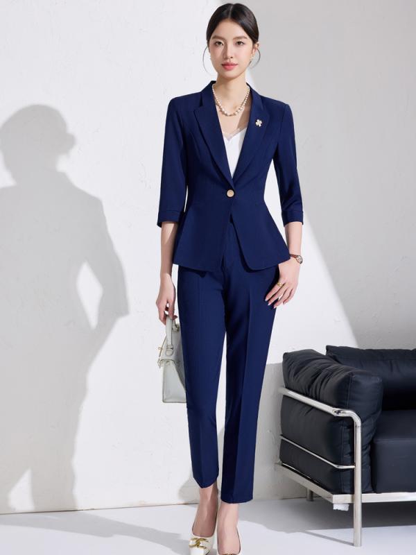 セットアップ レディース テーラードジャケット 七分袖 パンツ ズボン ワンピース 春夏 ビジネス 通勤 事務服 伸縮性 ストレッチ 高級感 エレガント シンプル ポリエステル 無地 ブラック ネイビー ライトピンク