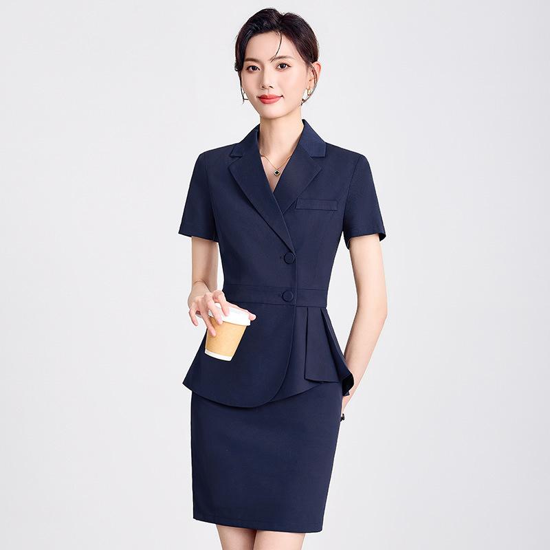 セットアップ レディース 春夏 事務服 制服 接客 フォーマル ジャケット ポリエステル ネイビー ブラック グレー 無地 きれいめ 上品 膝丈 半袖 涼しい 洗える 礼服 ストレッチ性 トップス ボトムス ブラウス テーラード パンツスーツ スカートス