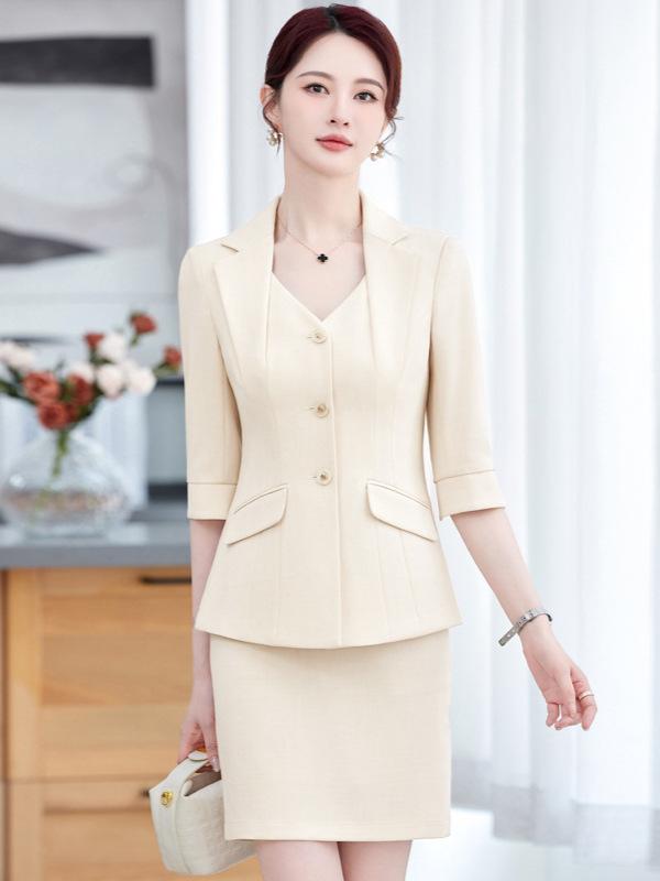 ジャケット レディース スーツ セットアップ 春夏 七分袖 薄手 事務服 美容院 司会 上品 高級感 テーラード 無地 美シルエット フォーマル パンツ スカート ストレッチ 伸縮性 洗える ブラック アプリコット ベージュ