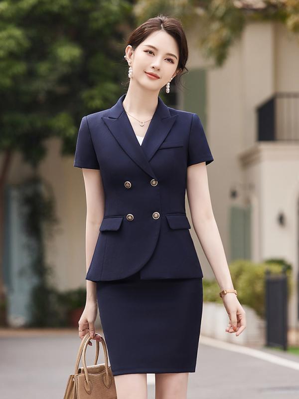 スーツ レディース セットアップ スカート 上下セット ビジネス 通勤 面接 半袖 膝丈 春夏 エレガント 上品 高級感 事務服 清楚 フォーマル ブルー グレー ブラック ポリエステル ビスコース タイト スリム