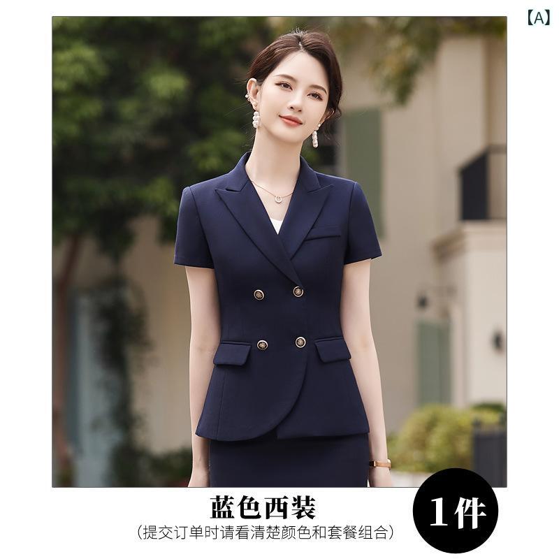 スーツ レディース セットアップ スカート 上下セット ビジネス 通勤 面接 半袖 膝丈 春夏 エレガント 上品 高級感 事務服 清楚 フォーマル ブルー グレー ブラック ポリエステル ビスコース タイト スリム
