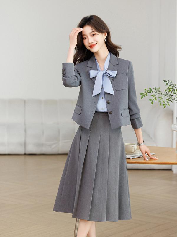セットアップ レディース ショート丈 テーラードジャケット プリーツスカート ボトムス 通勤 事務服 オフィスカジュアル きれいめ 上品 エレガント 春夏 ストレッチ 伸縮性 低身長向け 小柄 グレー ブラック