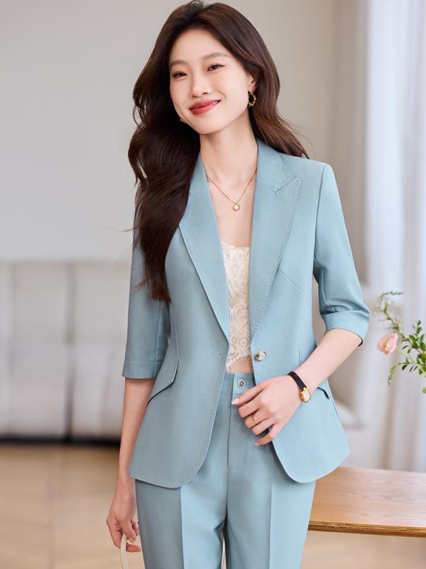 Coat - セットアップ レディース 春夏 テーラードジャケット 五分袖 ロングパンツ スラックス 事務服 ビジネス カジュアル 接触冷感 軽量 薄手 ポリエステル ブルー ライトイエロー グリーン 通勤 オフィス フォーマル