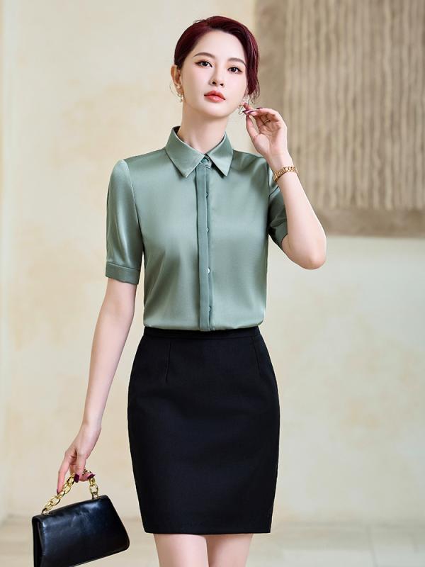 シャツ レディース ブラウス 春夏 半袖 スクエアネック トップス 襟 通勤 就活 オフィス スーツ インナー 事務服 形態安定 イージーケア ポリエステル 涼しい 無地 きれいめ リボン エレガント 上品 高級感 白 青 緑