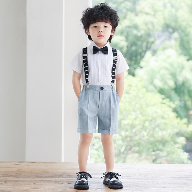 スーツ 男の子 子供 キッズ セットアップ 春夏 ストライプ柄 半袖シャツ サスペン...