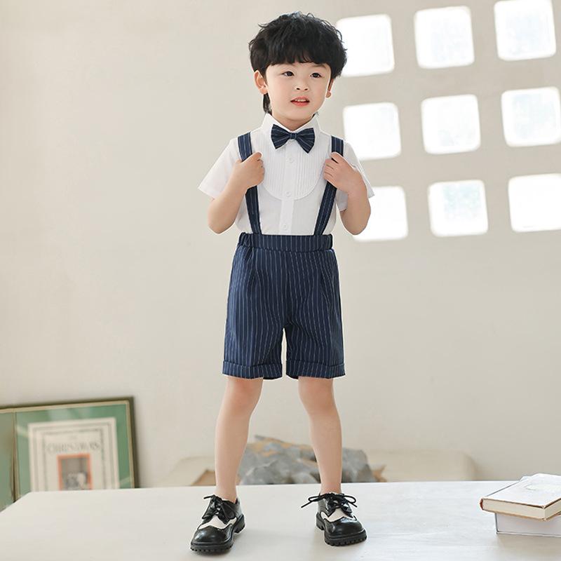 Top & Bottom Sets - スーツ 男の子 キッズ 子供 フォーマル セットアップ 英国風 ストライプ サスペンダー 蝶ネクタイ 半袖 シャツ ハーフパンツ 結婚式 発表会 七五三 夏用 涼しい シワになりにくい ポリエステル ブラック ブルー ホワイト