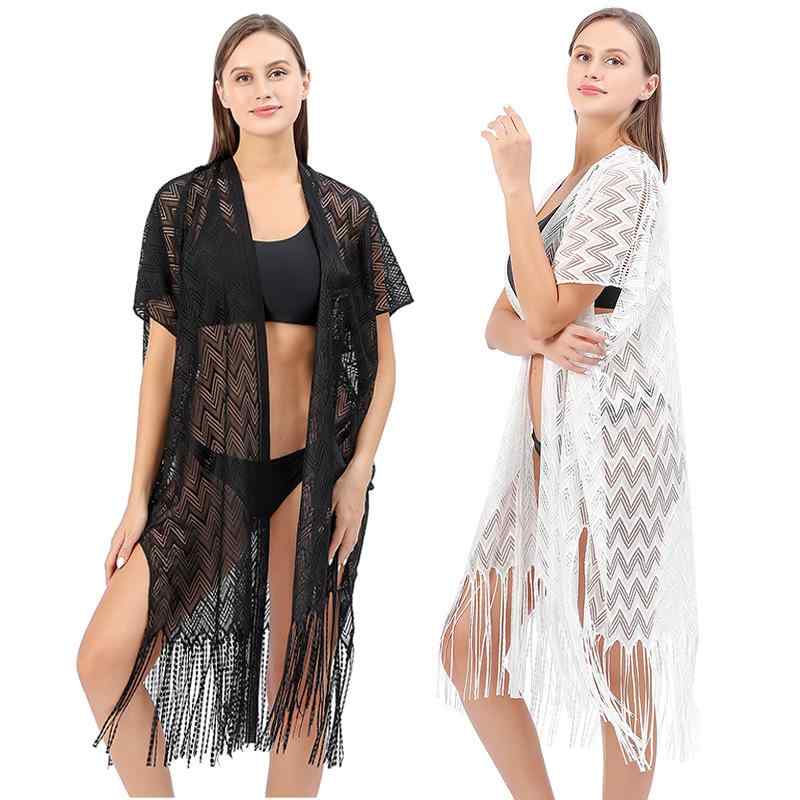 カーディガン レディース レース 羽織り 水着 カバーアップ ビーチウェア 春夏 リゾート 海 プール 日除け UVカット 紫外線防止 透け感 スカラップ 大きいサイズ ゆったり おしゃれ かわいい 白 黒 ポリエステル トップス ガウン ロング丈 冷房