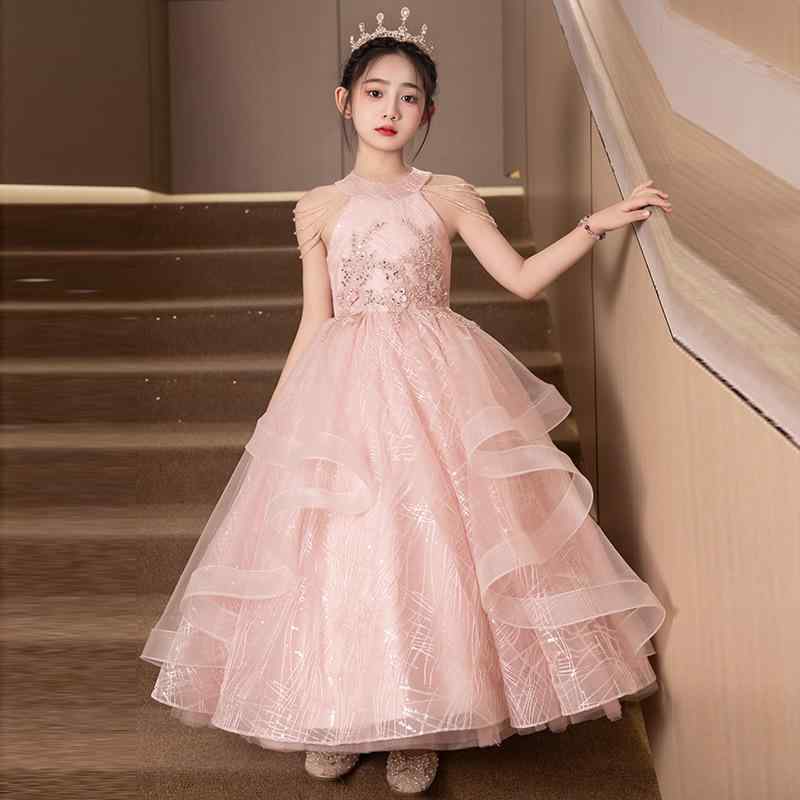 ドレス キッズ 子供 女の子 プリンセス フォーマル ワンピース ロング丈 チュール レース 切り替え 高級感 かわいい 発表会 演奏会 結婚式 ピンク ホワイト ブルー ジュニア 華やか 上品 ノースリーブ フレア