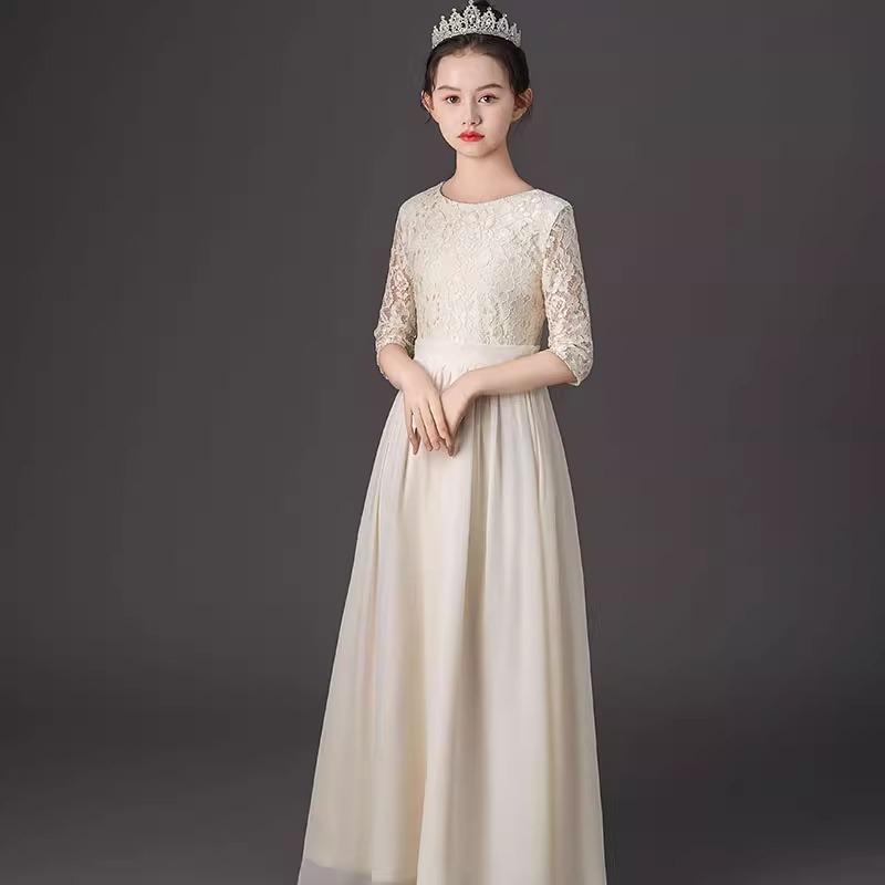 ドレス 女の子 子供 キッズ フォーマル ロング ピアノ 演奏会 結婚式 シャンパン ブラック 高級感 レース プリンセス Aライン ノースリーブ ポリエステル 上品 エレガント かわいい 華やか ジュニア ワンピース