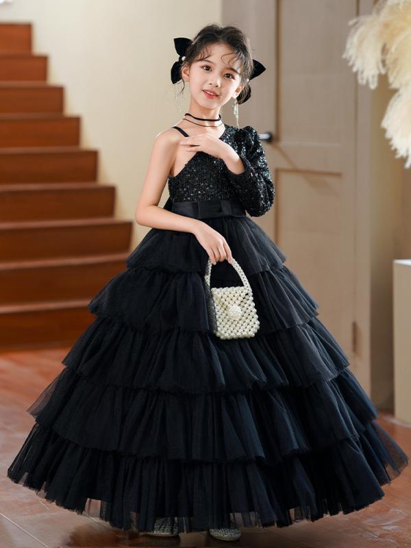 ドレス 女の子 キッズ 子供 フォーマル ワンピース 発表会 結婚式 パーティー 黒 ブラック 欧米風 プリンセス 高級感 リボン かわいい エレガント 上品 綿 コットン オールシーズン アセテート ノースリーブ