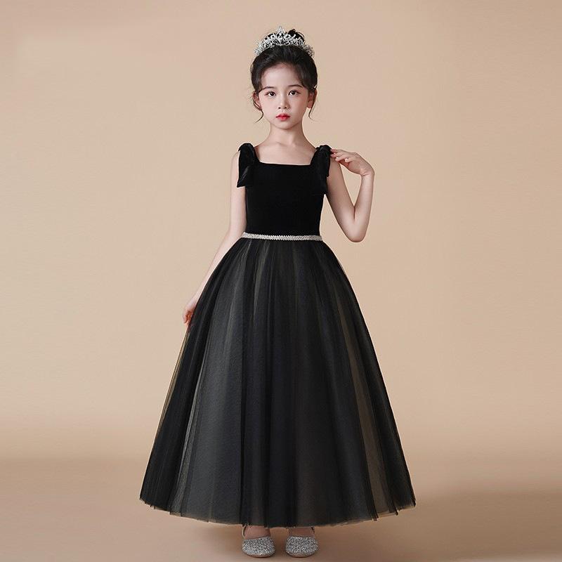 ドレス 女の子 キッズ 子供 ピアノ 発表会 演奏会 コンクール ブラック 高級感 バイオリン チュールスカート フレア ボリューム シアー フォーマル プリンセス かわいい 膝丈 ノースリーブ 透け感 ポリエステル(4.0)