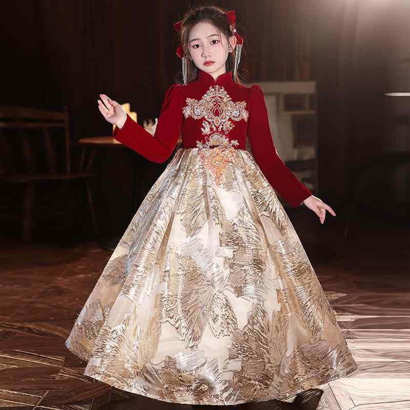 ドレス 女の子 チャイナドレス風 ワインレッド ベロア 長袖 ピアノ発表会 結婚式 ...