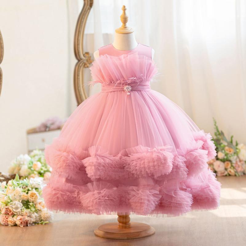 ワンピース 女の子 キッズ ドレス プリンセス チュール お姫様 パーティー 結婚式 発表会 1歳 誕生日 フォーマル 七五三 記念日 欧米風 刺繍 リボン かわいい おしゃれ 上品 高級感 綿混素材 ダスティローズ ワインレッド ピンク
