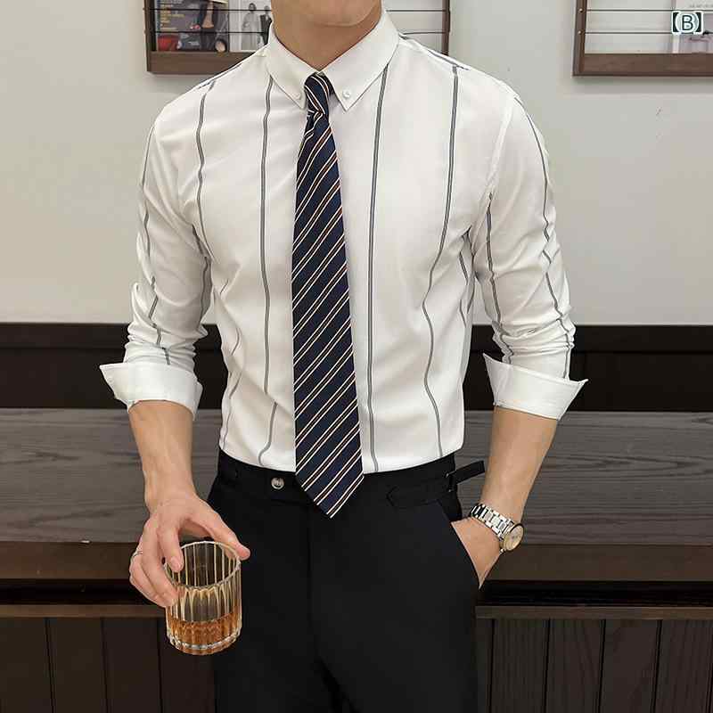 シャツ メンズ 男性用 トップス 長袖 春秋 ストライプ柄 スリム 細身 形態安定 防シワ イージーケア 紳士服 ビジネス カジュアル 通勤 爽やか 高級感 ポリエステル混紡 ウォッシャブル レギュラーカラー 白 黒