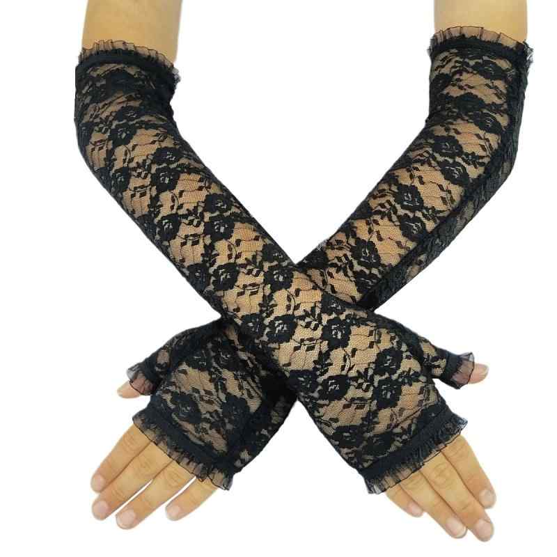 アームカバー レディース ロング レース 指なし フィンガーレス 手袋 UVカット 紫外線対策 日焼け防止 春夏 運転 自転車 アウトドア 接触冷感 遮光 アームスリーブ 薄手 通気性 おしゃれ かわいい 黒 白 赤 ポリエステル 伸縮性 軽量 高級感