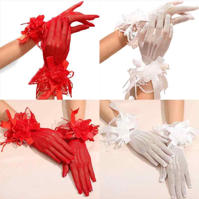 手袋 レディース 結婚式 パーティー 演奏会 白 赤 ホワイト ショート チュール メッシュ 花モチーフ フラワー 伸縮性 ストレッチ グローブ かわいい おしゃれ 上品 透け感 5本指 繊細 エレガント 華やか フリル