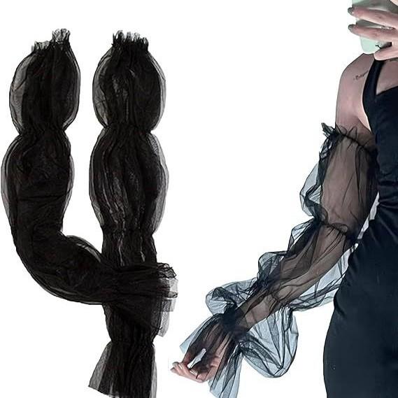 アームカバー レディース つけ袖 パフスリーブ チュール メッシュ シースルー シアー 二の腕カバー 手袋 指なし ハロウィン コスプレ パーティー 黒 白 赤 春夏 おしゃれ かわいい ボリューム 透け感 フリル