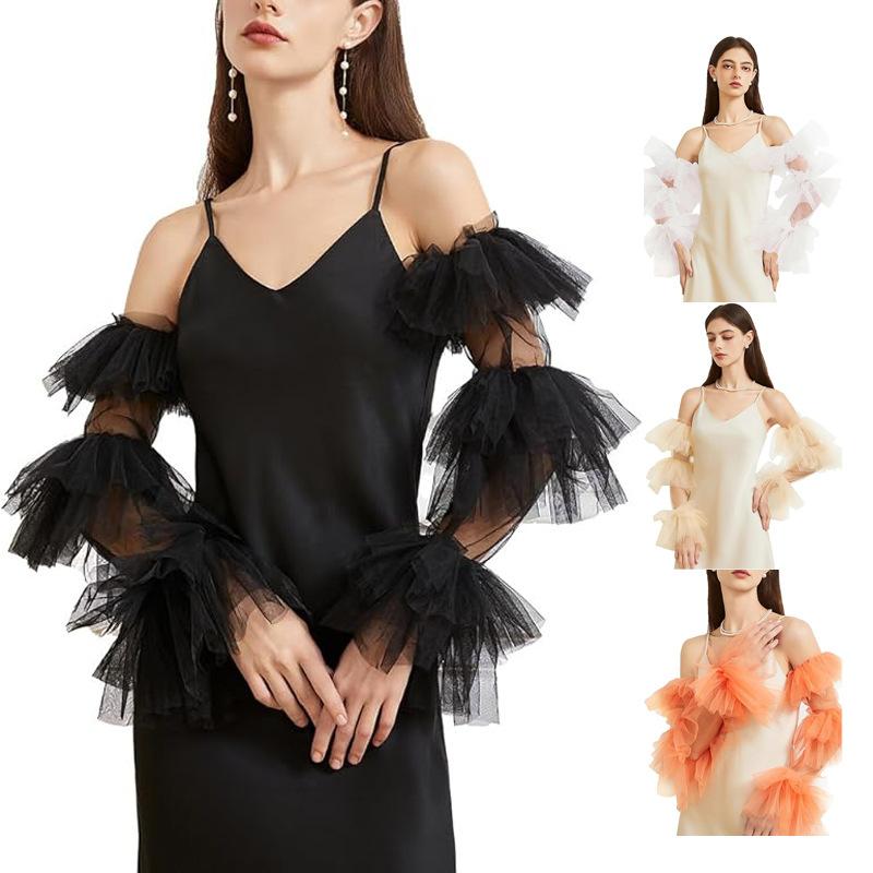 アームカバー レディース つけ袖 袖カバー 腕カバー 結婚式 披露宴 前撮り 花嫁 チュール メッシュ プリーツ ロング シアー 透け感 華やか フォーマル ドレス小物 ホワイト ブラック オレンジ オールシーズン