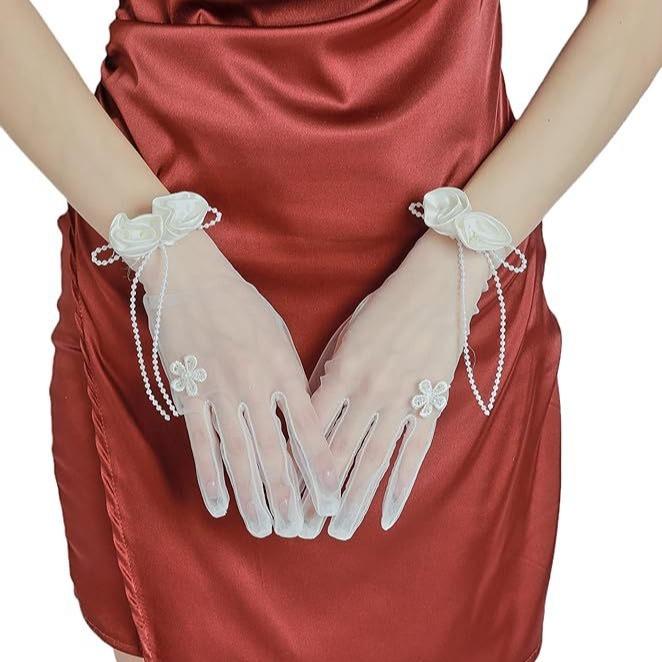 手袋 レディース ウェディンググローブ ブライダル 結婚式 披露宴 前撮り 小道具 花 チュール シースルー 透け感 レース メッシュ オーガンジー ショート丈 フォーマル 高級感 上品 かわいい オールシーズン ホワイト 白