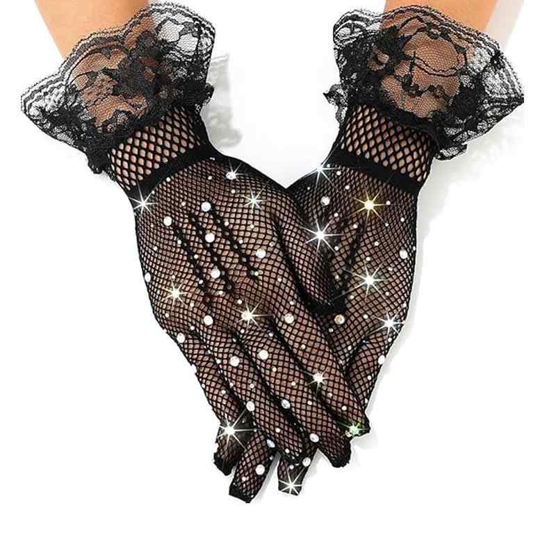 手袋 レディース ショート丈 フィッシュネット メッシュ レース グローブ ラインストーン フリル ナイロン 伸縮性 通気性 春夏 黒 結婚式 パーティー 舞台衣装 ファッション小物 上品 エレガント 涼しい 透け感 女性用