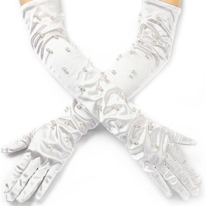手袋 レディース グローブ サテン 結婚式 披露宴 パーティー 花嫁 パール 肘上 ロング丈 オペラ フォーマル 光沢 高級感 上品 エレガント オールシーズン 五本指 伸縮性 無地 白 黒