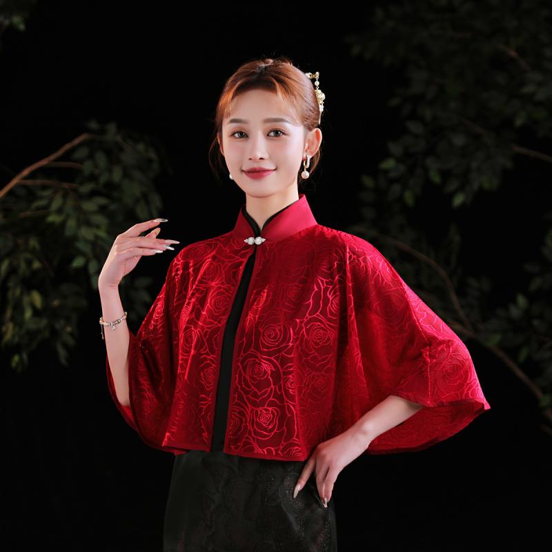 ショール レディース レース ケープ ボレロ カーディガン チャイナドレス 結婚式 パーティー 赤 薄手 透け感 羽織り 付け襟 ポンチョ 母親 高級感 上品 エレガント 華やか 冷房対策 春夏 ポリエステル