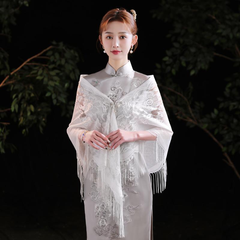 ショール レディース レース 三角巾 スカーフ ストール 薄手 肩掛け 羽織り チャイナドレス 透かし編み 無地 フリンジ 通気性 軽量 高級感 かわいい おしゃれ エレガント 白 春夏 パーティー 結婚式 フォーマル