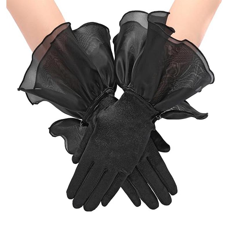 手袋 レディース ブライダル パーティー 演奏会 サテン フリル ショート丈 光沢 エレガント シック かわいい 黒 欧米 花嫁用品 華やか 透けにくい 高級感 伸縮性 短め 柔らかい素材 クラシック グローブ