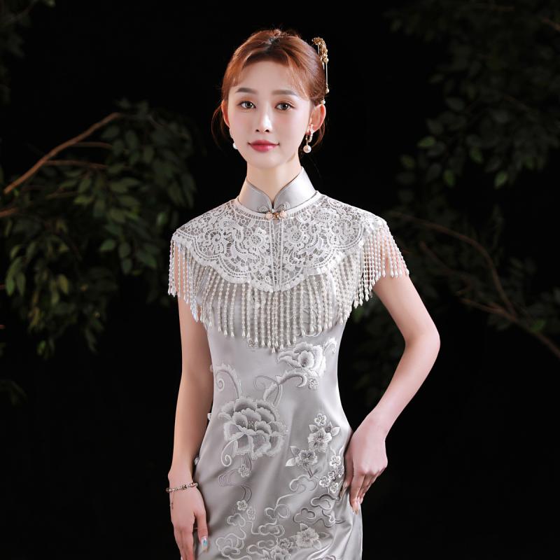 ショール レディース チャイナドレス用 雲肩 ケープ つけ襟 肩飾り レース パール パール フリンジ タッセル チャイナ風 レトロ モダン 刺繍 高級感 華やか 装飾 パーティー 結婚式 お呼ばれ ホワイト アイボリー