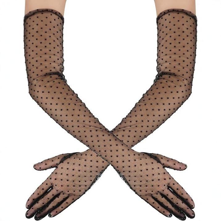 手袋 レディース ロング丈 メッシュ チュール シースルー ドット柄 水玉模様 透け感 フィンガー グローブ セクシー エレガント 高級感 かわいい パーティー 結婚式 ブライダル ポリエステル 黒 春夏 秋冬 ファッション小物