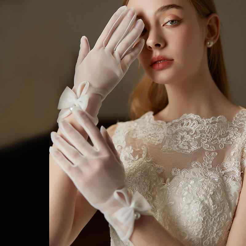 手袋 レディース ウェディング 結婚式 パーティー 白 ホワイト メッシュ チュール グローブ ショート丈..