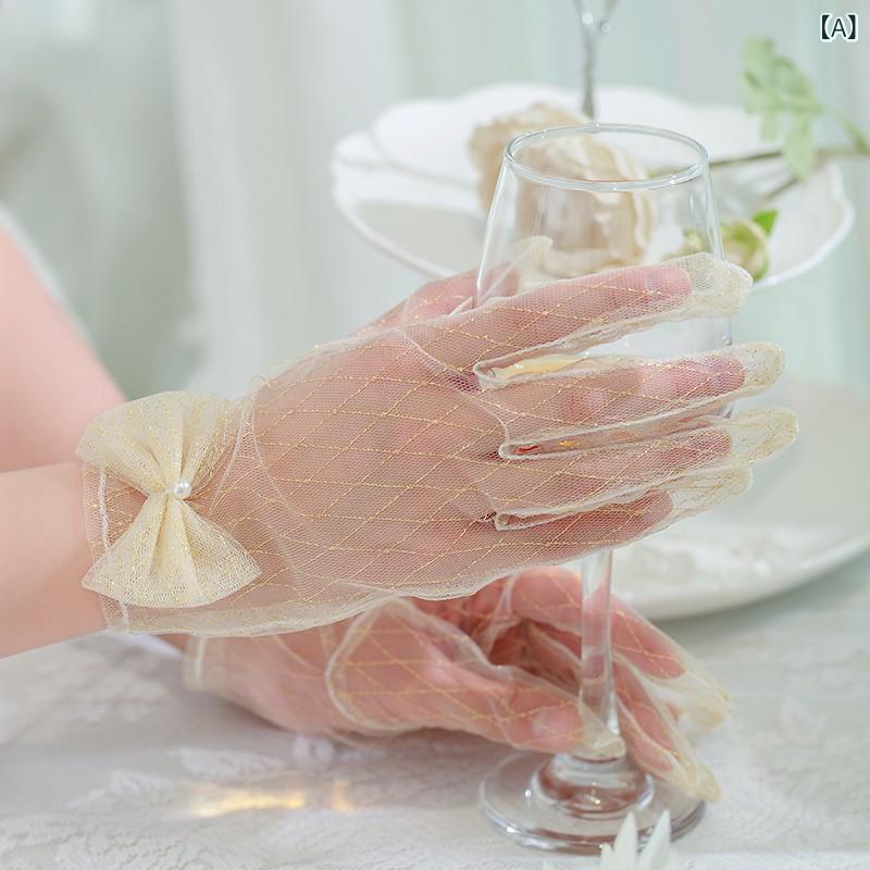 手袋 レディース ブライダル 結婚式 披露宴 前撮り シャンパン シンプル レース チュール メッシュ ショート アクセサリー エレガント 上品 透け感 ドレス用 フォーマル 花嫁 清楚 小物 グローブ 2