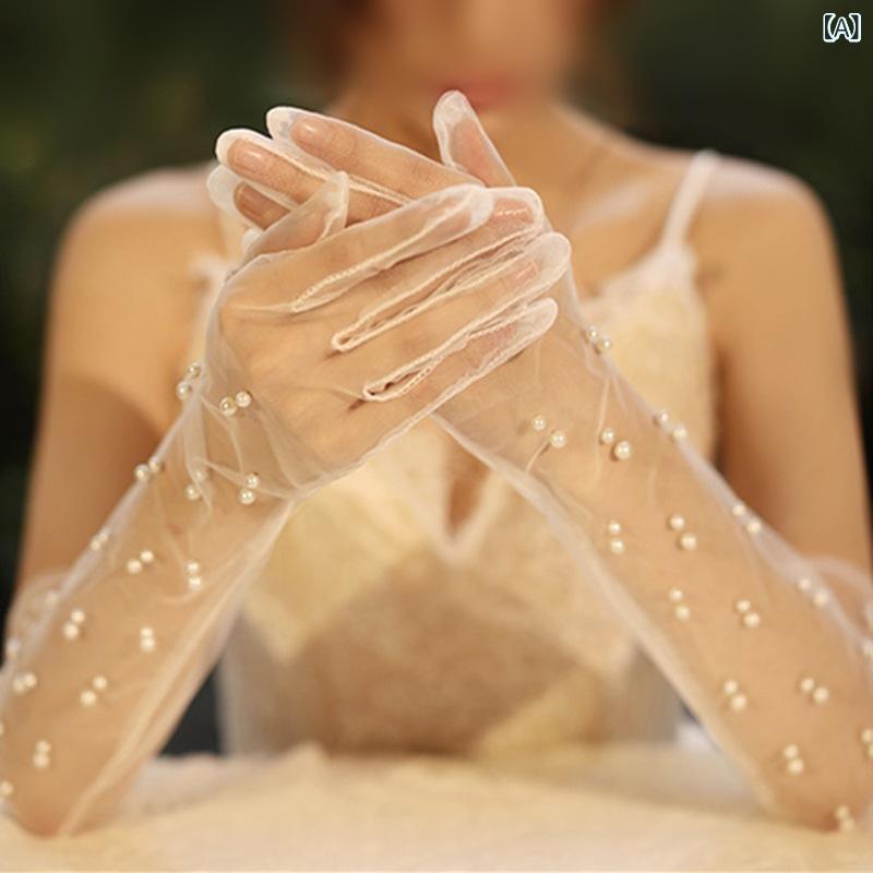 ウエディンググローブ レディース ロング 手袋 花嫁 ブライダル 結婚式 レトロ パール シンプル チュール メッシュ レース ビーズ ホワイト ナチュラル 二次会 パーティー フォーマル 高級感 透け感 フィンガーレス 2