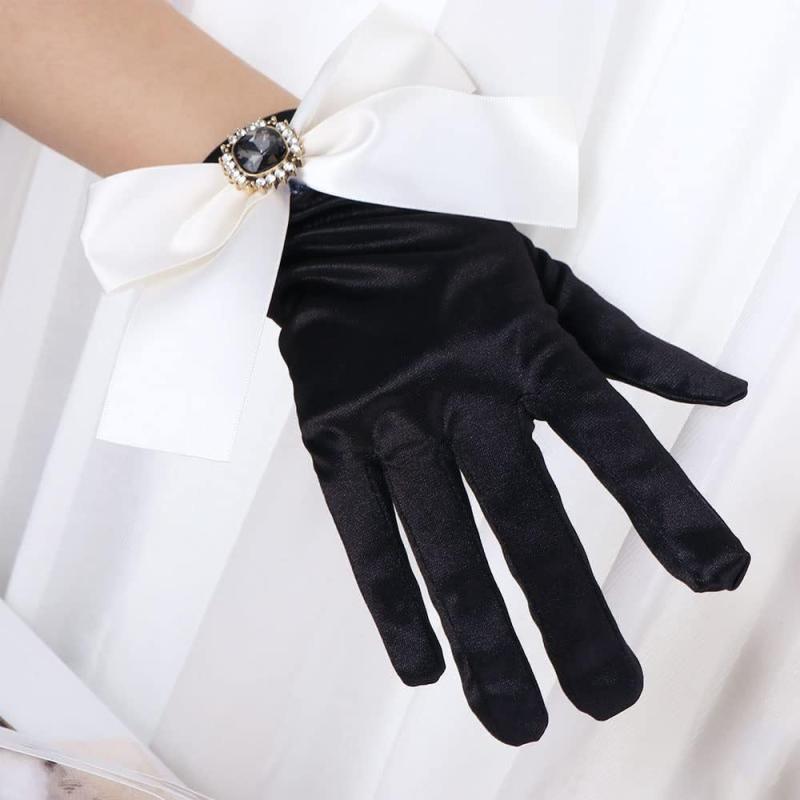 手袋 レディース サテン リボン ウェディング ブライダル 花嫁 フォーマル ドレス 結婚式 パーティー 披露宴 ブラック ショート丈 グローブ 光沢感 エレガント 上品 かわいい 指あり 無地 シンプル 高級感 高見え 小物