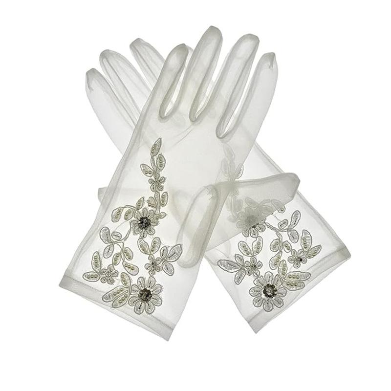 手袋 レディース 結婚式 披露宴 パーティー ホワイト 白 ショート ビーズ チュール 花モチーフ ブライダル 新婦 ドレス用 フォーマル アクセサリー シアー 透け感 華やか 上品 装飾 ビジュー グローブ 刺繍 網