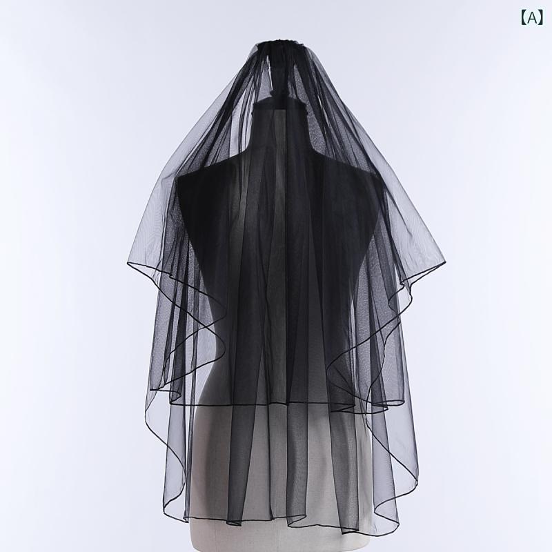 ウェディングベール レディース 黒 ブラック モノトーン 欧米 レトロ アンティーク調 結婚式 披露宴 ハロウィン ブライダル 花嫁 チュール メッシュ 2段 ミドル丈 メロウエッジ 髪飾り アクセサリー ヘッドドレス ゴスロリ シック 透け感 シンプル