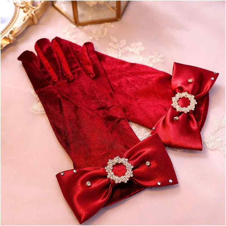 手袋 グローブ レディース ウェディング 結婚式 撮影用 ベルベット ベロア リボン ラインストーン ビジュー フレンチ レトロ ヴィンテージ風 ワインレッド ブラック ショート丈 小物 アクセサリー 高級感 華やか エレガント 上品