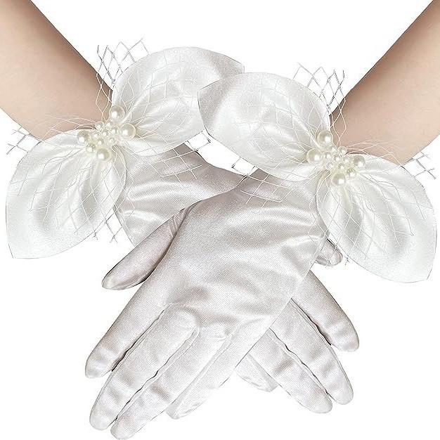 ウェディンググローブ レディース 白 サテン リボン パール ショート丈 ブライダル 結婚式 披露宴 前撮り レトロ 花嫁 ドレス クラシック エレガント フォーマル 小物 光沢 高級感 かわいい おしゃれ 上品 清楚 指あり