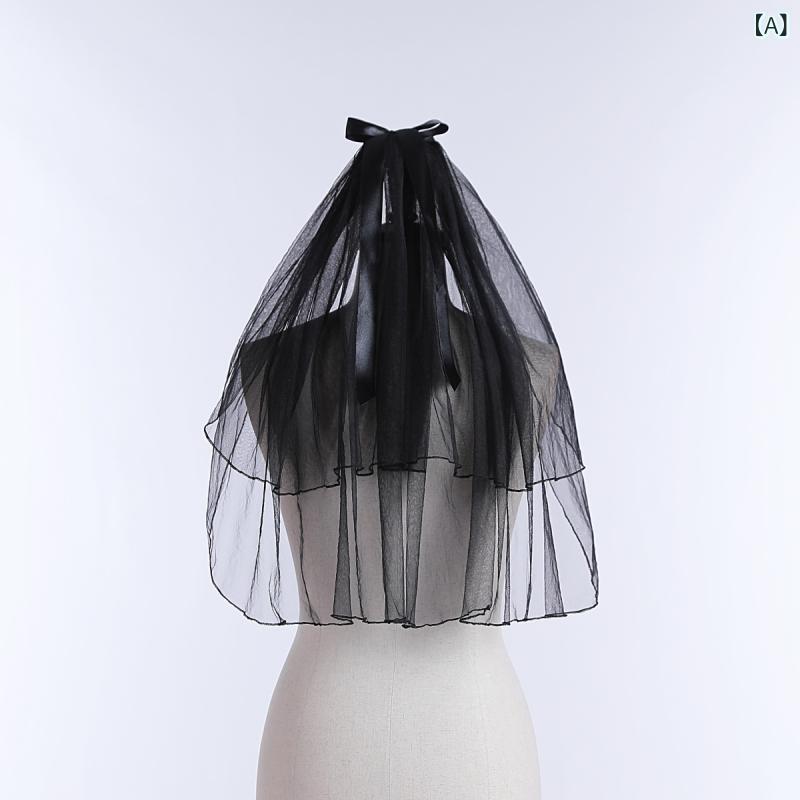 ヘッドドレス レディース ベール リボン ハロウィン コスプレ ウェディング ブライダル 花嫁 髪飾り ヘアアクセサリー 小物 レトロ アンティーク調 ハンドメイド メロウ加工 黒 ショート丈 チュール シフォン ゴスロリ 上品 エレガント
