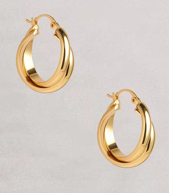 ピアス レディース フープ ダブルリング クロス ゴールド シルバー 銅 メッキ キャッチレス 通勤 オフィス ビジネス おしゃれ シンプル 大人カジュアル スタイリッシュ 普段使い プレゼント