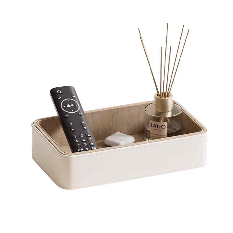 トレイ 収納ボックス 小物入れ レザー 合皮 木目調 ステッチ 長方形 バイカラー クリームホワイト アイボリー 玄関 リビング ベッドルーム 鍵 卓上 雑貨 化粧品 アクセサリー ラック おしゃれ スタイリッシュ シンプル レトロ